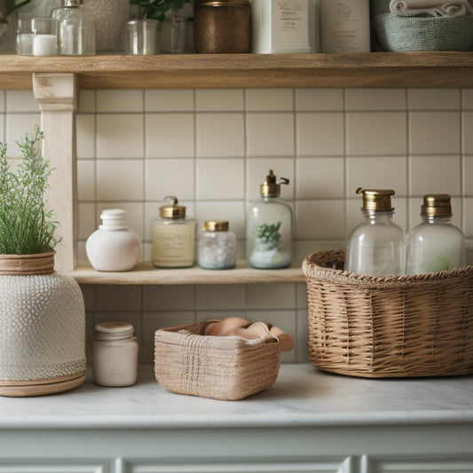An elegant vintage bathroom scene showcasing reclaimed wooden shelves adorned with antique jars, wicker baskets, and floral ceramic containers, surrounded by soft pastel colors and delicate lace accents, evoking a charming, nostalgic atmosphere.