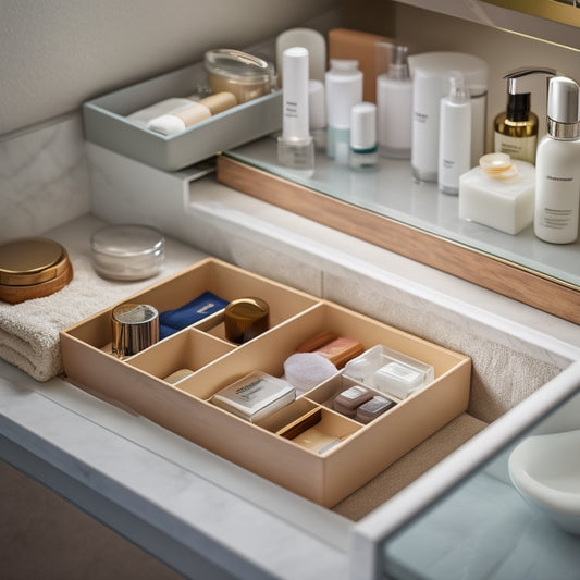 A tidy bathroom drawer with soft, warm lighting, featuring a divider system with separate compartments for toiletries, cosmetics, and skincare products, alongside a slide-out tray and adjustable shelves.