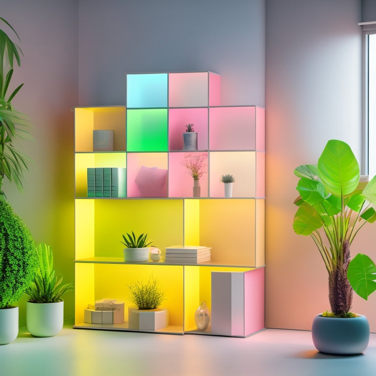 A futuristic, minimalist room with Tetris-block-shaped shelves, colorful storage cubes, and sleek lines, illuminated by soft, pastel-hued light, with a few strategically placed plants and a minimalist desk.