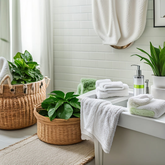 A sparkling clean bathroom with a gleaming white sink, toilet, and shower, surrounded by a refreshing green plant, a few rolled towels, and a woven basket containing a few bath bombs and scented soaps.