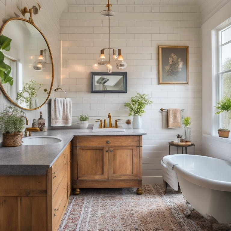 A beautifully styled bathroom with a mix of modern and vintage elements, featuring a refurbished claw-foot tub, reclaimed wood shelves, and a statement light fixture above a decorative mirror.