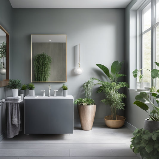 A serene, well-lit bathroom with a freestanding tub, surrounded by sleek, grey walls and floors, adorned with lush greenery, and featuring a large, frameless mirror and modern, minimalist fixtures.