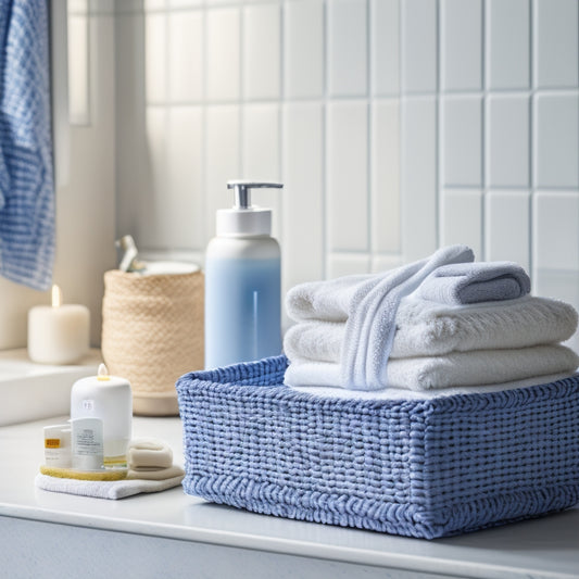 A serene bathroom with a minimalist countertop, a few neatly arranged toiletries, and a woven basket containing rolled towels, set against a calming background of soft blue and white tiles.