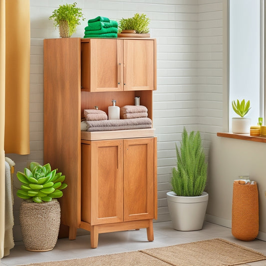A sleek, modern rotating bathroom storage unit crafted from natural wood, adorned with potted succulents, neatly organized toiletries, and vibrant towels, set against a softly lit, stylishly tiled bathroom backdrop.