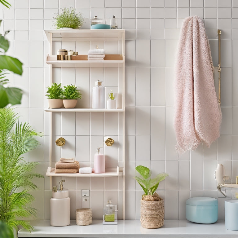 A chic bathroom scene featuring elegant wall-mounted shelves, adorned with neatly organized towels, decorative jars, and small plants, set against a soft pastel wall. Stylish hooks for accessories complement the modern aesthetic.