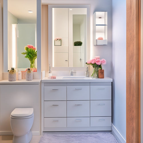 An image of a sleek, white bathroom with a wall-mounted cabinet featuring three divided compartments, each containing rolled towels, toiletries, and flowers, with a chrome handle and subtle LED lighting.