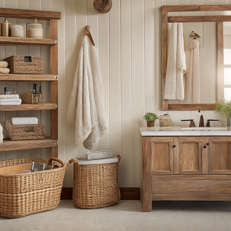 A cozy rustic bathroom with wooden shelves overflowing with neatly organized towels, baskets filled with toiletries, and a large, distressed wooden vanity. Soft, warm lighting accentuates the natural wood and greenery accents.