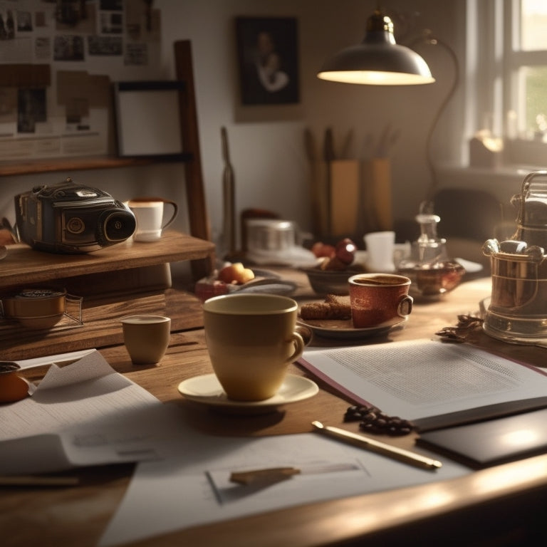 A warm, golden-lit scene featuring a busy, organized desk with a laptop, scattered papers, and a blueprint rolled out, surrounded by cups of coffee and family photos.