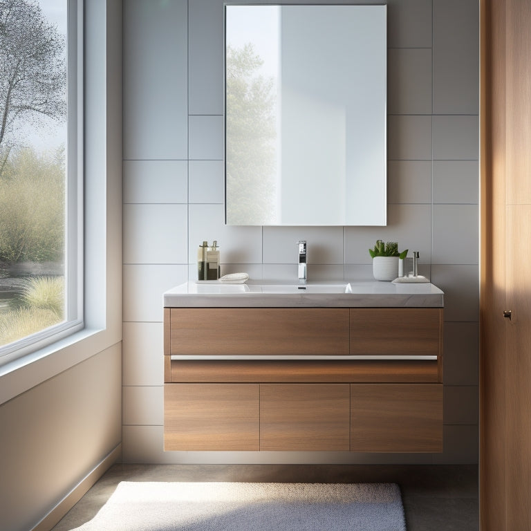 A sleek, modern floating vanity unit with polished wood finishes, integrated LED lighting, and minimalist sink, set against a serene bathroom backdrop of soft gray tiles and soft natural light streaming through a frosted window.