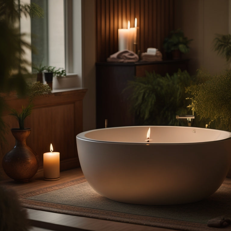 A serene bathroom scene featuring a luxurious, curved wooden freestanding tub as the centerpiece, surrounded by soft candlelight, lush greenery, and a blurred, neutral-colored background.