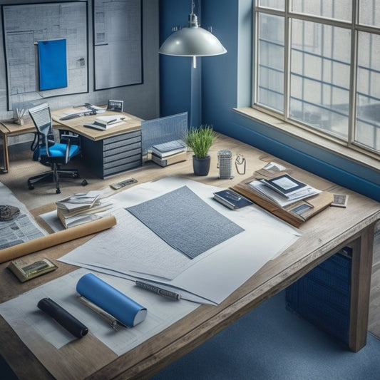An image depicting a secure, modern office space with a drafting table in the center, surrounded by blueprints rolled up and tied with twine, with a few loose pages scattered around, and a keyhole-like padlock in the foreground.