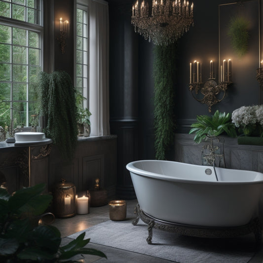 A serene, candlelit bathroom with a freestanding tub, surrounded by lush greenery and a statement chandelier, featuring a mix of natural stone and marble accents, with soft, warm lighting.