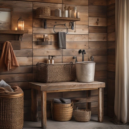 A cozy rustic bathroom featuring reclaimed wood shelves adorned with vintage metal brackets, woven baskets, and industrial-style metal containers, all set against a backdrop of weathered wood paneling and soft, warm lighting.