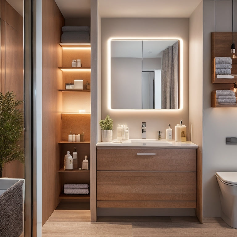 A serene, modern bathroom with a sleek, wall-to-wall cabinet system in a soft, warm wood tone, illuminated by soft LED lights, with neatly organized toiletries and a clutter-free counter.