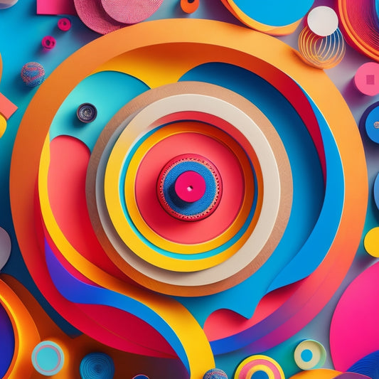 A vibrant, abstract illustration featuring interconnected circles, swirling arrows, and colorful geometric shapes, with a subtle background of a workshop setting, conveying creativity and dynamic collaboration.