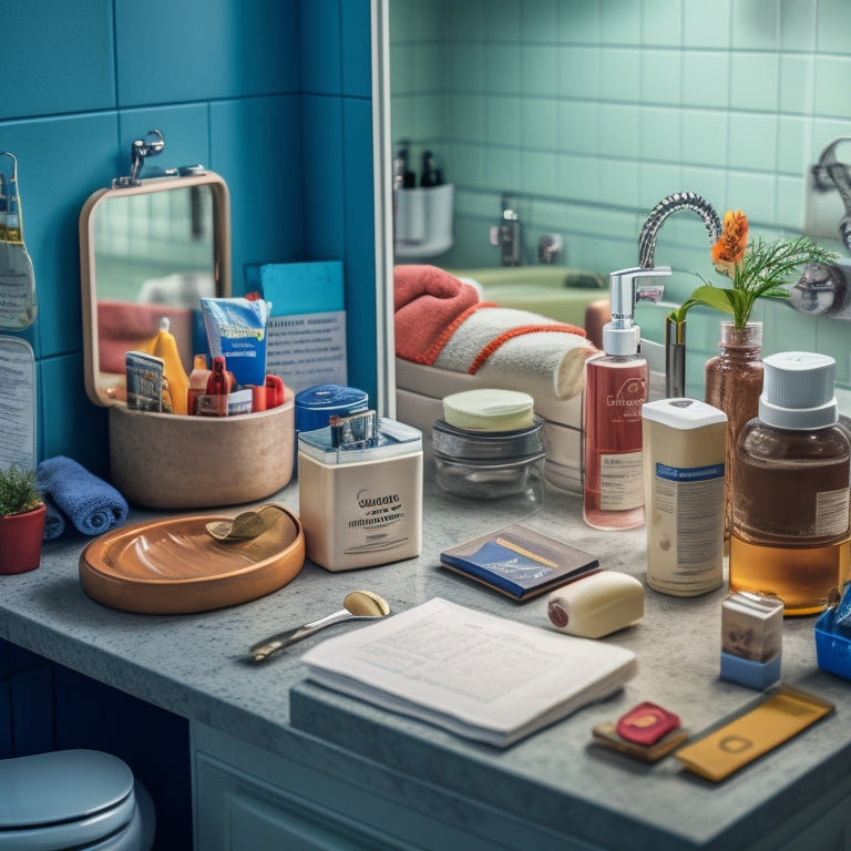 A cluttered bathroom with toiletries scattered around a sink, toilet, and shower, with a few packed boxes in the corner, and a checklist on a clipboard with a pen lying next to it.