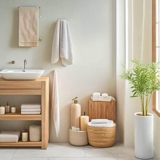 A serene, minimalist bathroom with soft, natural light, featuring a few strategically placed bamboo organizers in various shapes and sizes, holding toiletries and towels, against a calming white and gray backdrop.