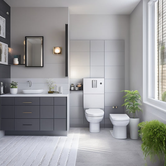 A modern, compact bathroom with a wall-mounted, white floor cabinet featuring two soft-close drawers, chrome handles, and a recessed kick plate, set against a contrasting dark grey tile floor.