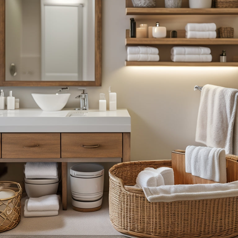 A serene, well-lit bathroom countertop with multiple, neatly arranged storage bins, baskets, and trays in a harmonious blend of wood and white tones, surrounded by a few strategically placed toiletries.