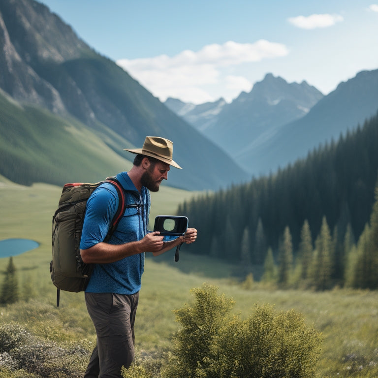 A scenic landscape featuring a hiker standing at a trailhead, gazing at a handheld GPS device with a bright screen displaying a topographic map, surrounded by lush greenery and towering mountains.