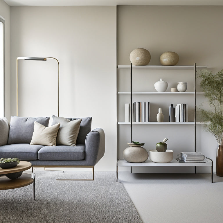 A serene and tidy living room with a minimalist aesthetic, featuring a sleek, low-profile storage ottoman, a few carefully placed decorative vases, and a sparse, neatly arranged bookshelf.