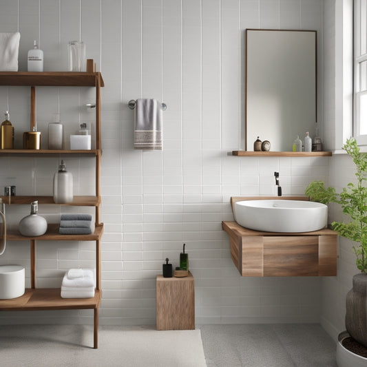 A minimalist bathroom with three distinct wall-mounted shelf units: one with rounded edges and glass shelves, another with industrial pipes and reclaimed wood, and a third with sleek, compact cubbies.