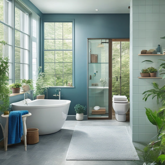 A serene blue wall bathroom with a freestanding tub, large format tile flooring, wall-mounted sink, and a floor-to-ceiling glass shower enclosure surrounded by lush greenery.