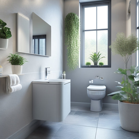A modern bathroom with a sleek, wall-mounted sink and toilet combo unit, surrounded by gray marble walls and floors, with a minimalist chrome faucet and a few decorative plants.