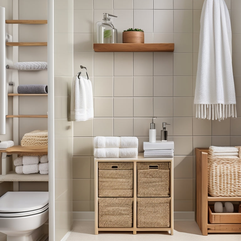 A serene, well-lit bathroom with a minimalist aesthetic, featuring a wall-mounted shelf with neatly arranged toiletries, a woven basket storing rolled towels, and a compact, slide-out storage cabinet.