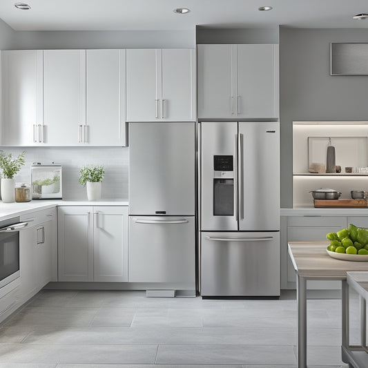 A clean, modern kitchen with a wall-mounted cabinet in a soft gray finish, surrounded by gleaming white countertops and sleek stainless steel appliances, with a few tools and a level lying nearby.