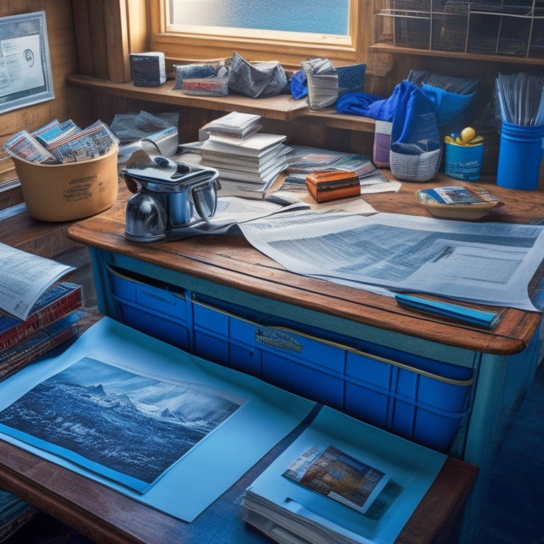 A cluttered desk with a rolled-up blueprint of a Glacier Bay 3465HBHD refrigerator in the center, surrounded by scattered newspapers with bold headlines and a few crumpled instruction manuals.