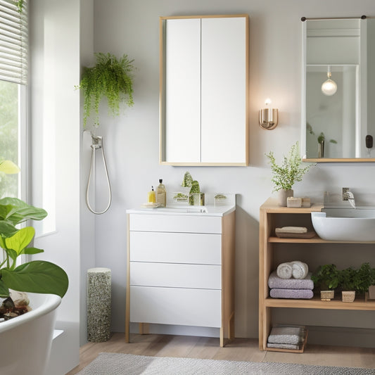 A tidy, modern master bathroom with a wall-mounted cabinet, a pedestal sink with a slide-out drawer, and a shower caddy holding toiletries, surrounded by calming greenery and soft, warm lighting.