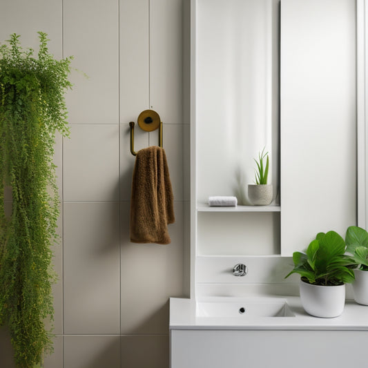 A minimalist bathroom with a large, wall-mounted, rectangular white shelf, holding a few rolled towels, a small potted plant, and a decorative vase, above a sleek, wall-hung sink.