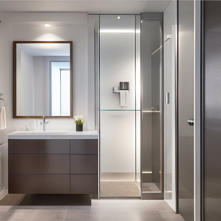 A sleek, modern bathroom with a floor-to-ceiling custom glass door cabinet in a polished chrome frame, reflecting the surrounding area, with subtle LED lighting and a minimalist sink in the foreground.