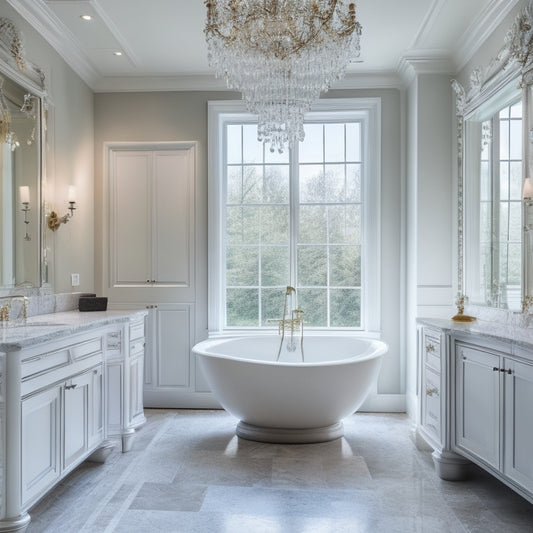 A serene master bathroom with a freestanding tub, surrounded by floor-to-ceiling marble walls, illuminated by a stunning crystal chandelier, and featuring a spacious walk-in shower with rainfall showerhead.