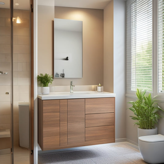 A sleek, modern bathroom with a small footprint, featuring a mirrored cabinet with soft-close doors, mounted above a wall-mounted sink, surrounded by neutral-toned tiles and minimal decor.