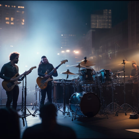 A dimly lit stage with a cityscape backdrop, spotlights shining down on a drummer, guitarist, and bassist in mid-performance, surrounded by amps and a cheering crowd of diverse young adults.