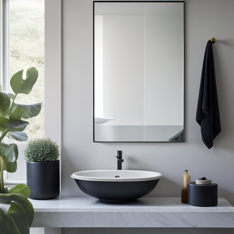 A serene, minimalist bathroom with a sleek, matte-black countertop, a wall-mounted sink, and a few, carefully-placed decorative objects, surrounded by plenty of negative space and soft, natural light.