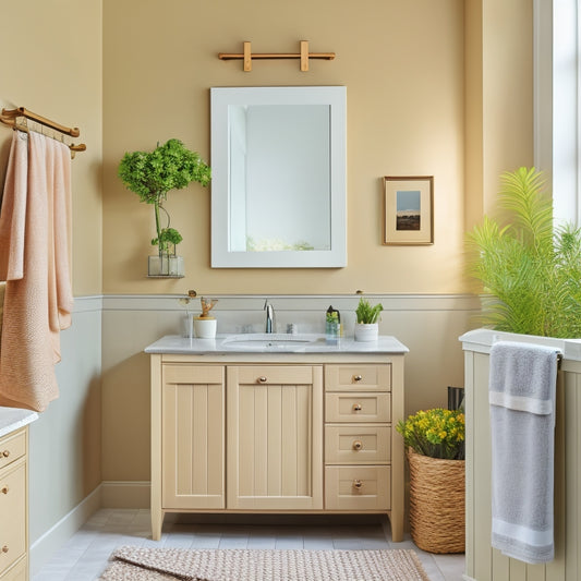 A stylish bathroom with cream-colored walls, featuring a sleek, wall-mounted vanity with sliding drawers, a recessed medicine cabinet, and a woven basket storage unit beneath the sink.