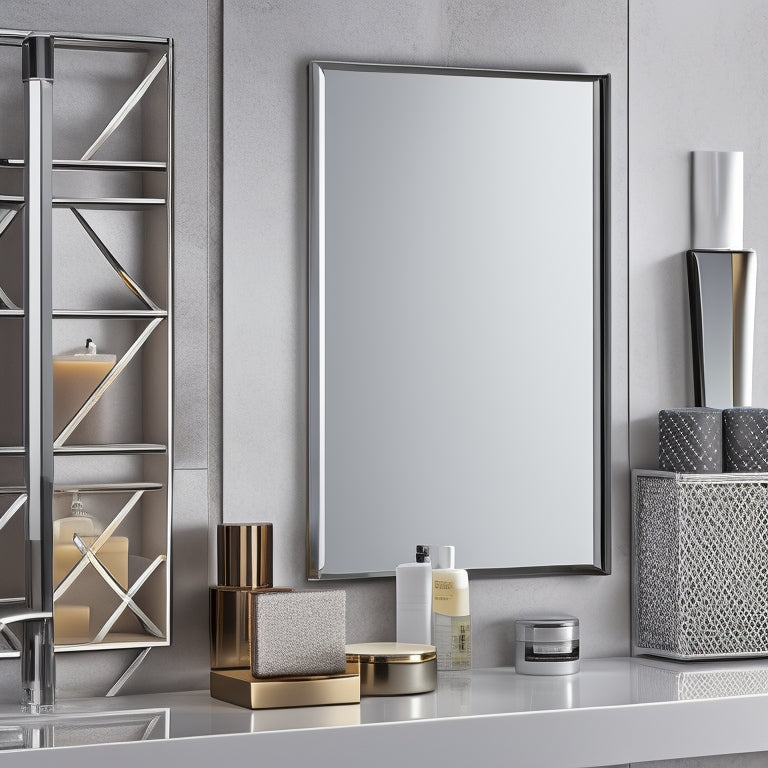 Generate an image of a sleek, modern bathroom with a wall-mounted, geometric-shaped laser-cut metal storage shelf in a polished chrome finish, holding toiletries and decorative items.