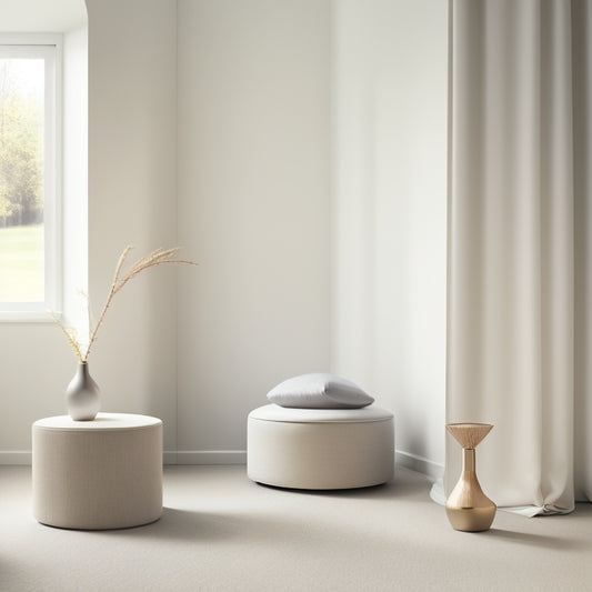 A serene, minimalist room with a few, carefully-placed objects, featuring a sleek, low-profile storage ottoman in a light gray or beige color, surrounded by empty space and soft, natural light.