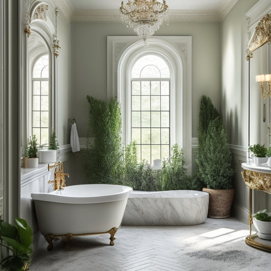 A serene bathroom with soft, warm lighting; a freestanding tub adorned with lush greenery, surrounded by white marble floors and walls, with a stunning chandelier hanging from a vaulted ceiling.