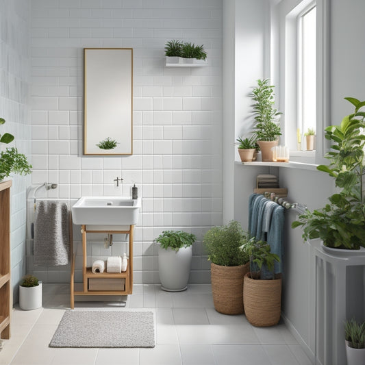 A serene, minimalist bathroom with a wall-mounted sink, a compact toilet, and a corner shower cubicle, featuring a ladder-like shelving unit, woven baskets, and a few potted plants.