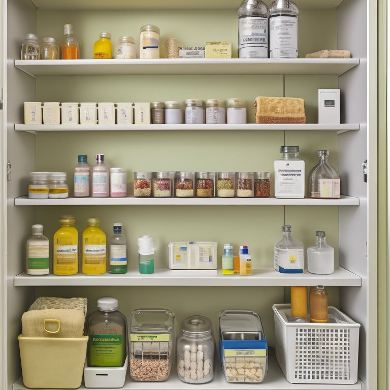 A tidy medicine cabinet with labeled baskets, a tiered shelf, and a magnetic board holding small metal bins, surrounded by a few neatly arranged medication bottles and a thermometer.