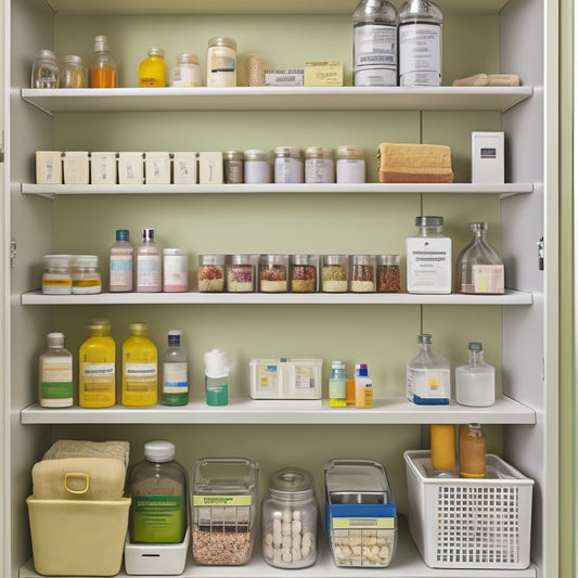 A tidy medicine cabinet with labeled baskets, a tiered shelf, and a magnetic board holding small metal bins, surrounded by a few neatly arranged medication bottles and a thermometer.