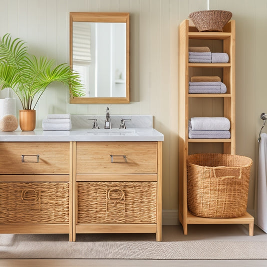 A serene bathroom with a bamboo vanity featuring multiple drawers and shelves, holding toiletries and towels, complemented by a matching bamboo mirror and woven storage basket.