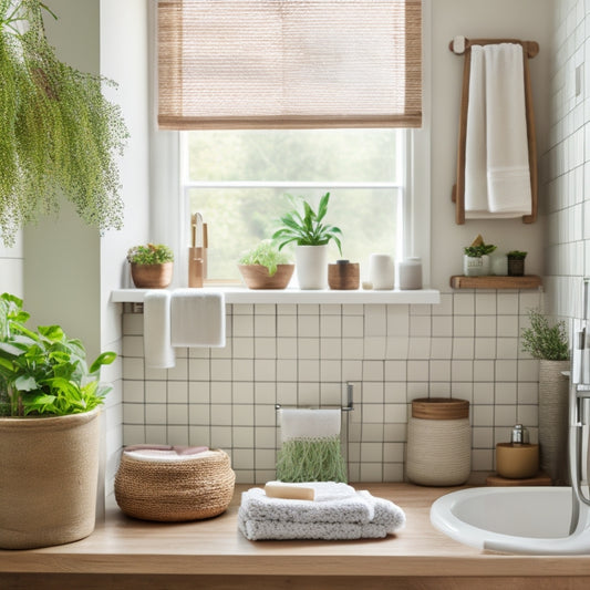 A serene bathroom featuring open shelving, displaying neatly arranged towels, artisanal soaps, and small potted plants. Soft natural light filters through a frosted window, illuminating warm wood tones and minimalist decor.