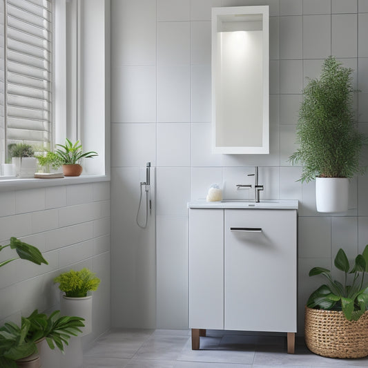 A sleek slimline cabinet in a small bathroom, featuring a modern design with glossy white finish, surrounded by light gray tiles, soft natural lighting, and potted greenery for a fresh, organized space.