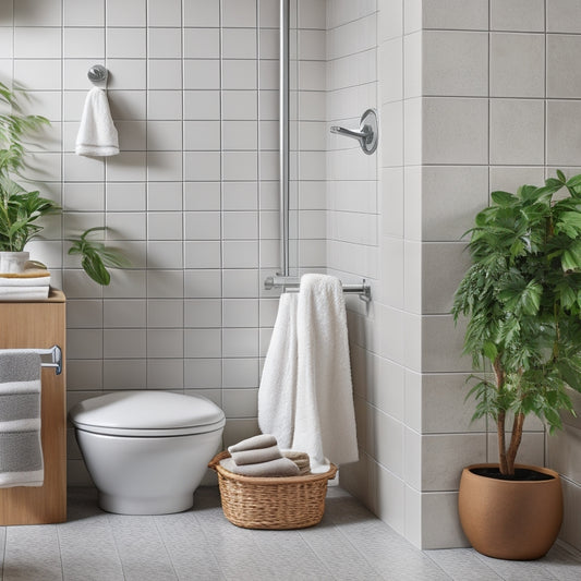 A serene bathroom scene featuring a corner shower with three wooden shelves, each holding a few rolled towels, a soap dispenser, and a small potted plant, against a calming grey and white tile backdrop.