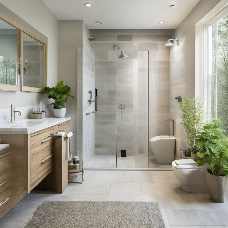 A serene bathroom with a large, wall-mounted cabinet, a floating double sink, a wall-hung toilet, and a spacious walk-in shower with a rainfall showerhead and a built-in bench.